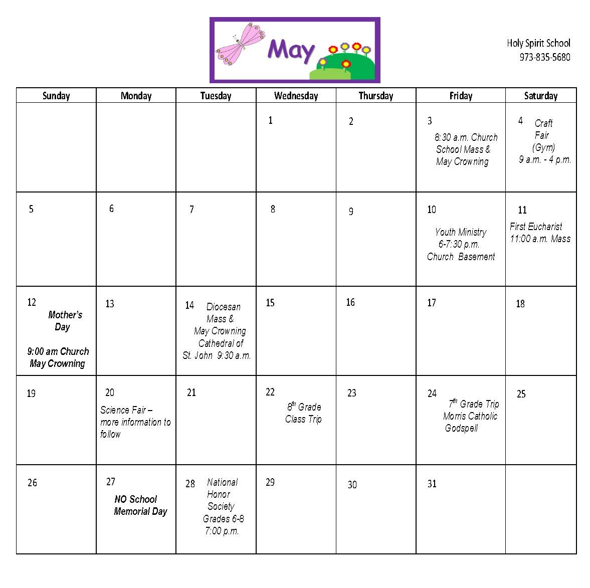 Monthly Calendar Holy Spirit School Pequannock, NJ